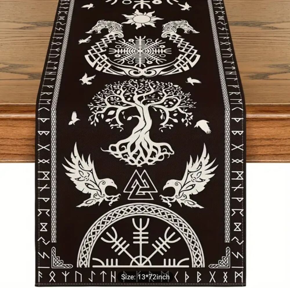 1 Viking Table Runner Black/White/Brown Linen Blend 72" Runes Raven Tree of Life